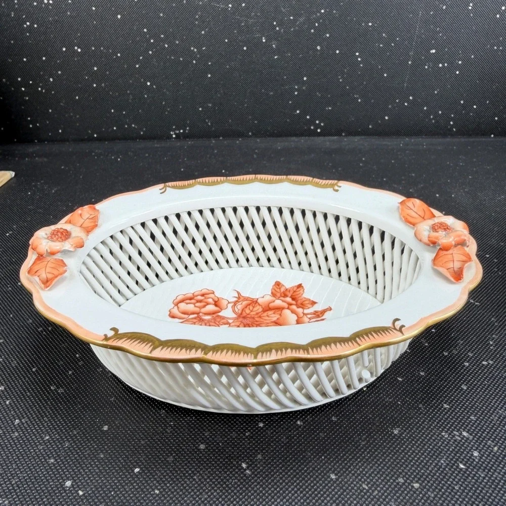 Herend Hungary Hand Painted Rust Floral Reticulated Porcelain Weave Basket Dish